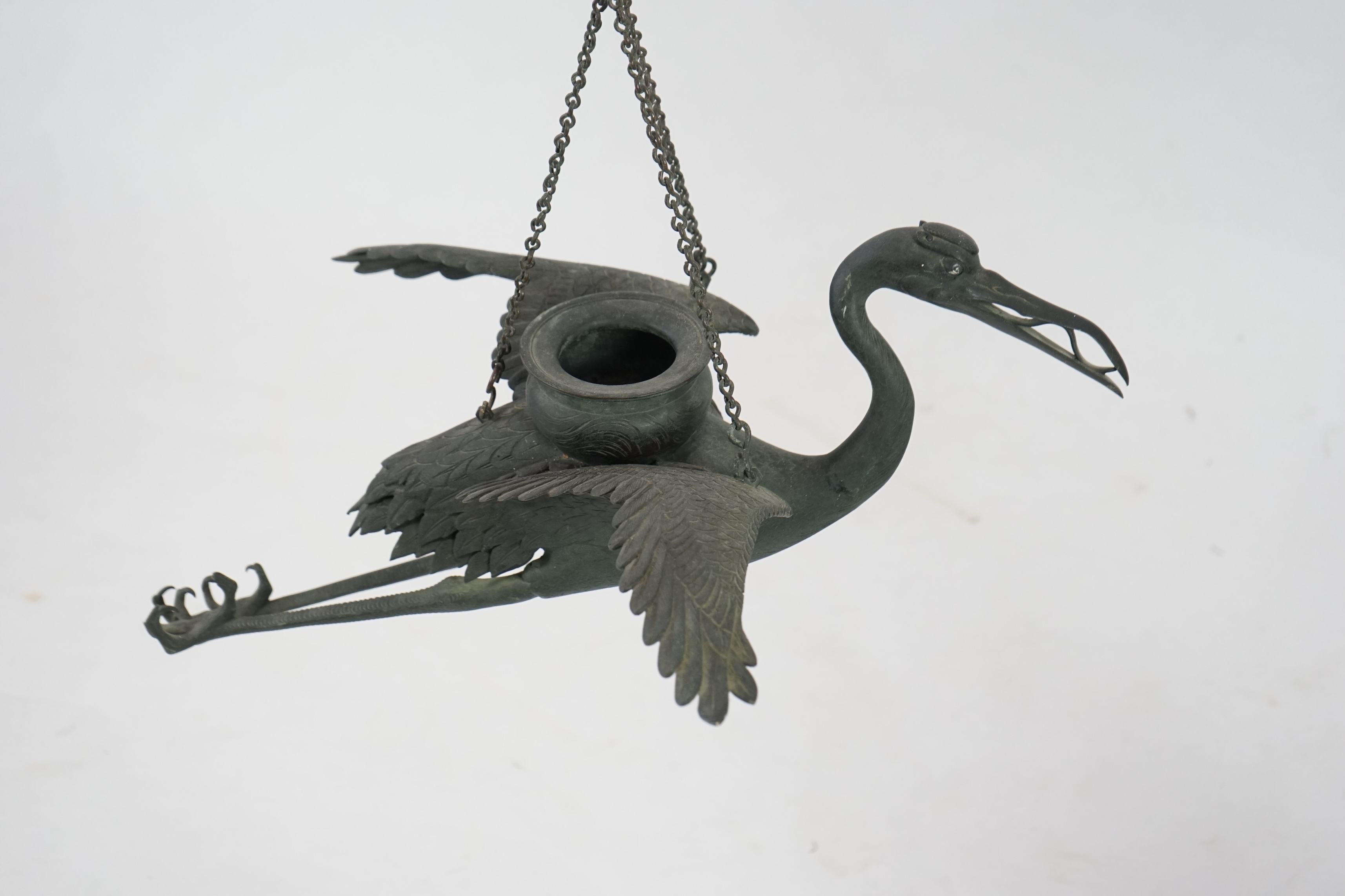 A large Japanese bronze ‘crane’ hanging lamp, 19th century